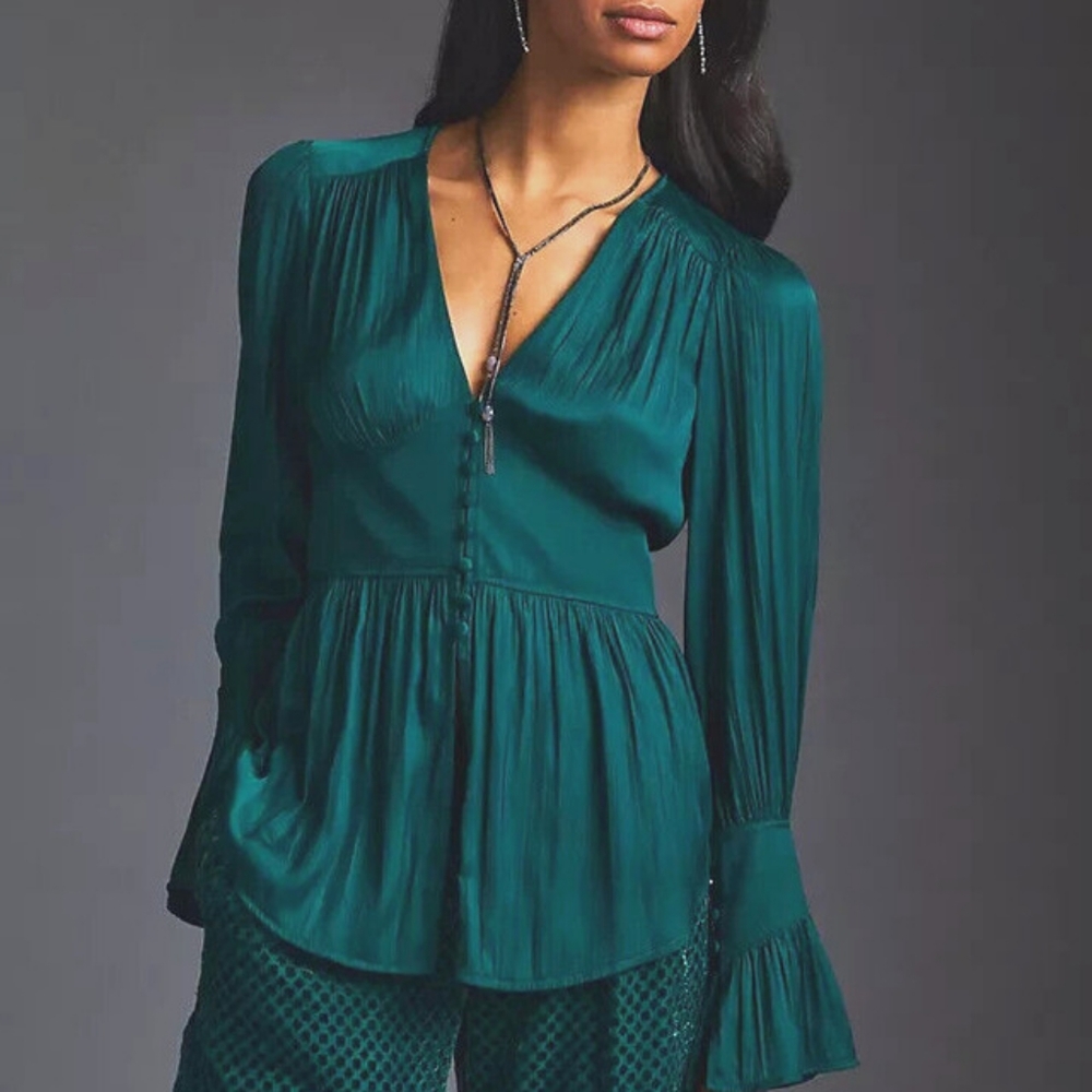 By Anthropologie Deep-V Tunic, Emerald Green Satin Blouse, Size L